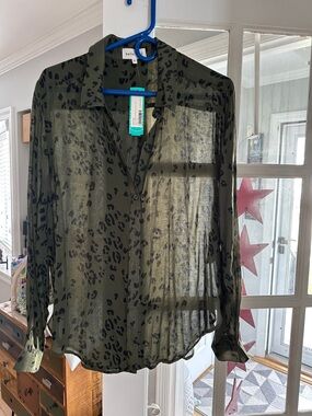 Sheer Olive Green Leopard-Print Button-Down Shirt - Bella Dahl XL
